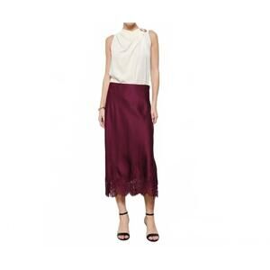 NEW INA FASHION silky lace hemmed midi skirt in wine